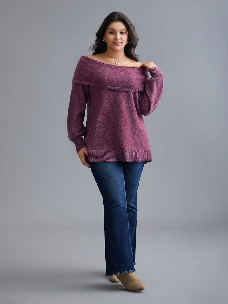 Off-Shoulder Textured Long Sleeve Pullover
