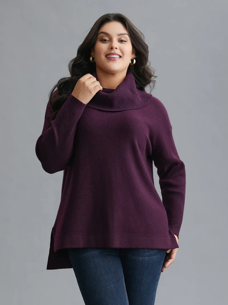 Supersoft Essentials Turtle Neck Asymmetrical Hem Slit Pullover