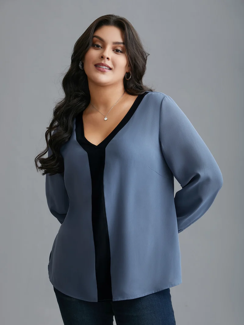 Contrasting Panel Lantern Sleeve Shirt