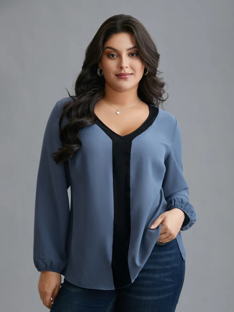 Contrasting Panel Lantern Sleeve Shirt