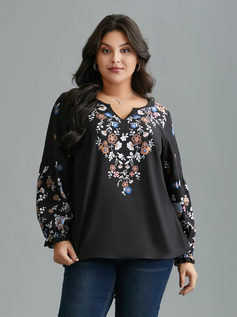 Floral Puffy Sleeve V-Neck Blouse