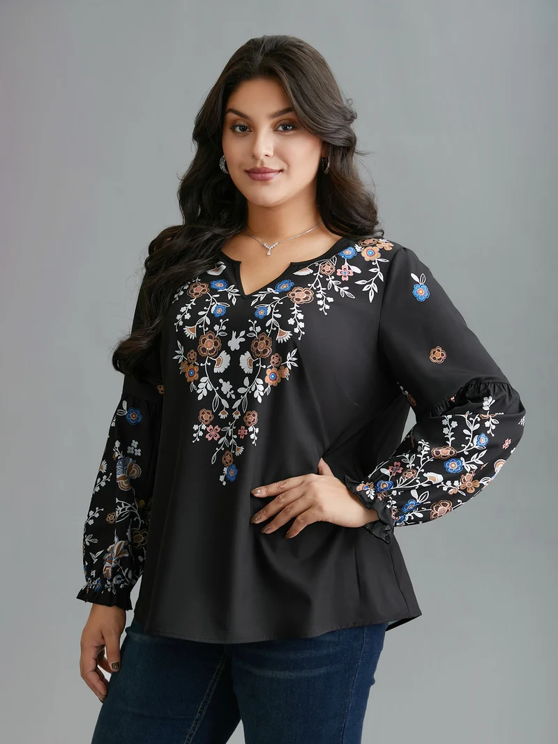 Floral Puffy Sleeve V-Neck Blouse