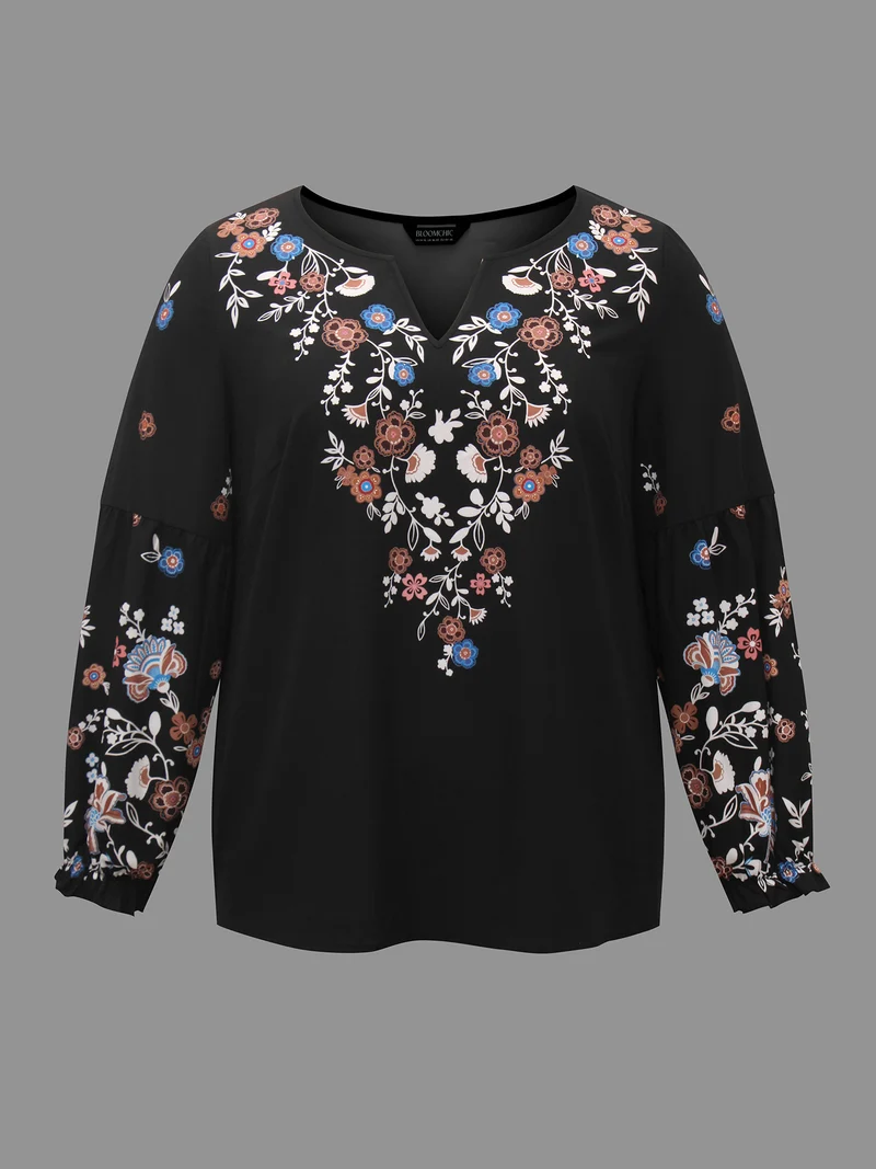 Floral Puffy Sleeve V-Neck Blouse