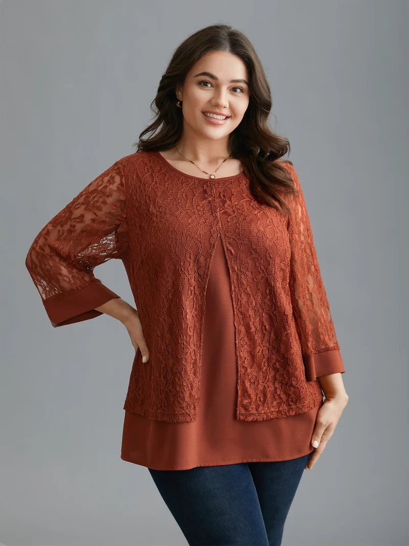 Sheer Lace Sleeve Open-Front Design Blouse