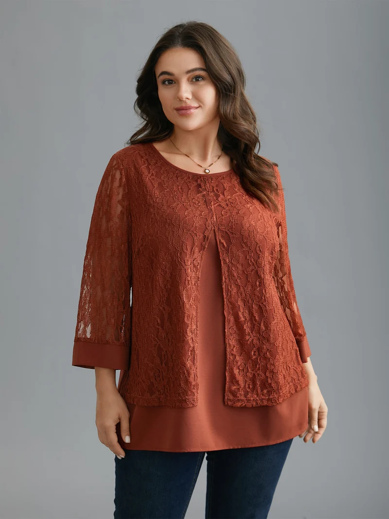 Sheer Lace Sleeve Open-Front Design Blouse