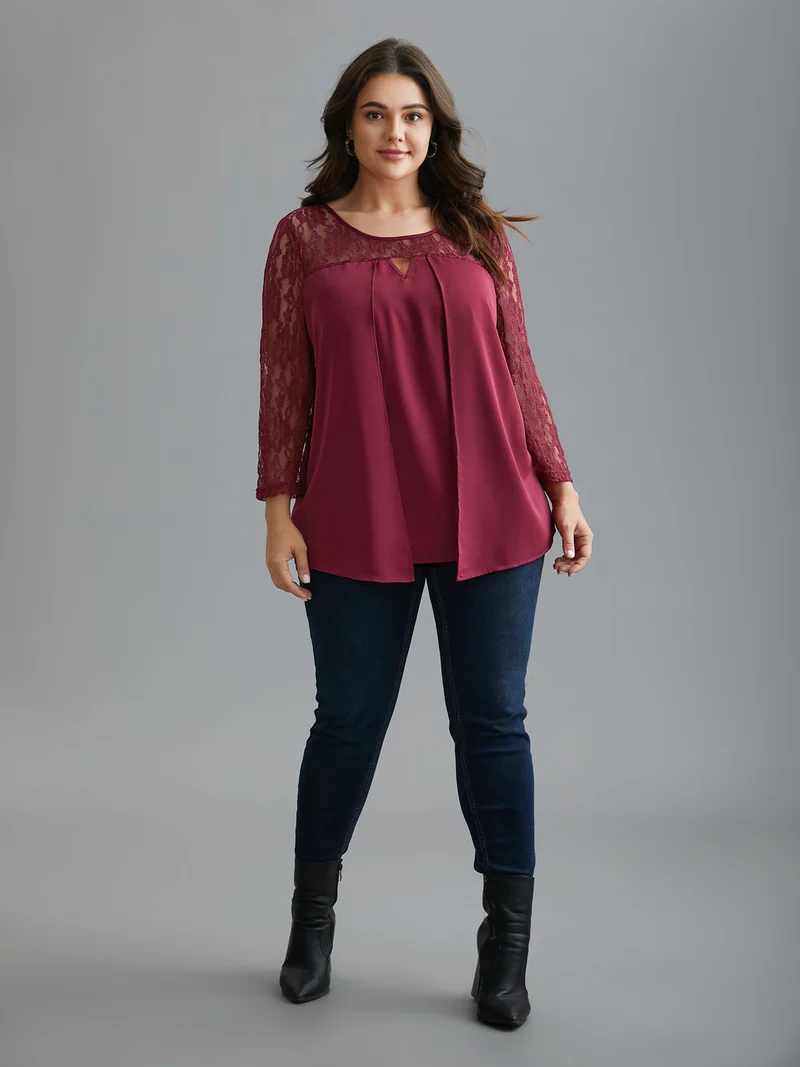 Sheer Lace Sleeve Neck Cut-Out Shirt