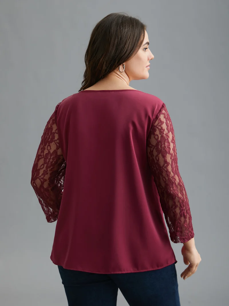Sheer Lace Sleeve Neck Cut-Out Shirt