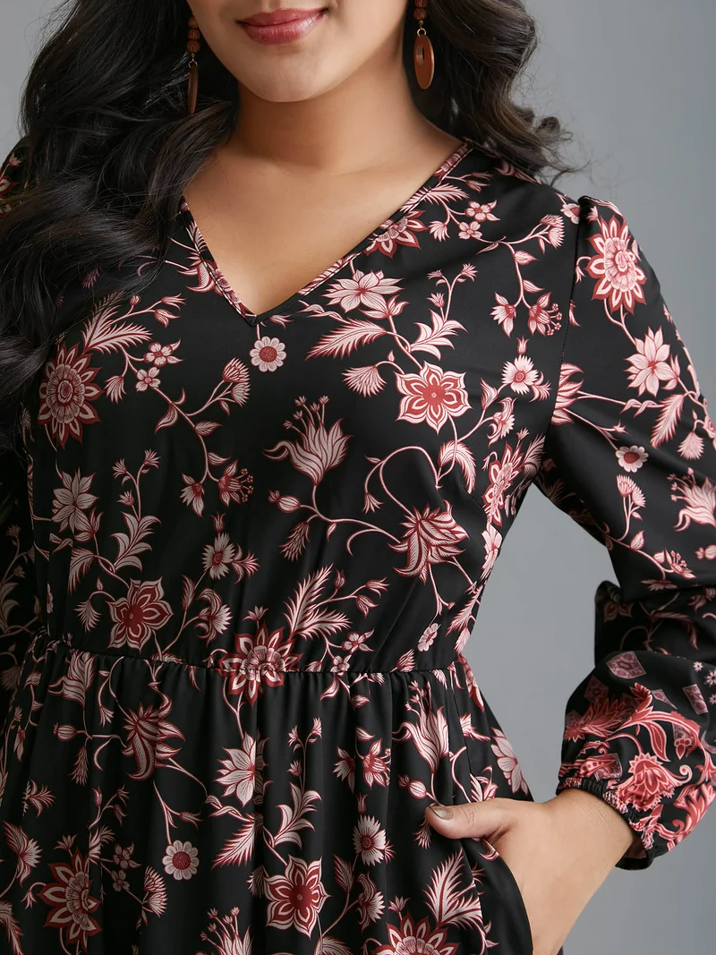 Floral Elastic Waist V-Neck Midi Dress