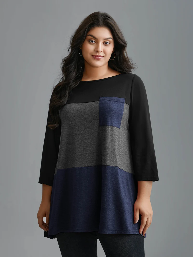 Color Block Chest Pocket Round Neck T-Shirt