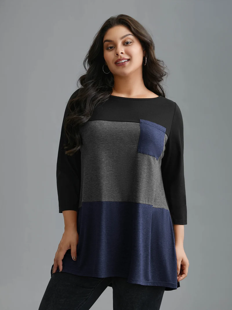 Color Block Chest Pocket Round Neck T-Shirt