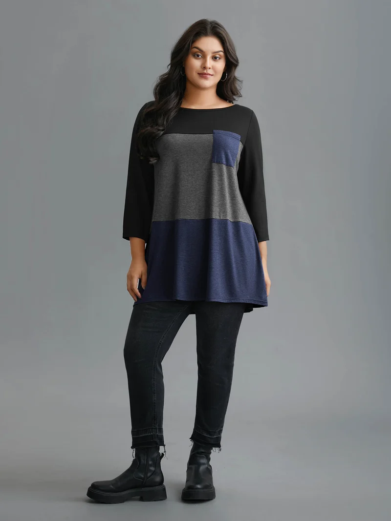 Color Block Chest Pocket Round Neck T-Shirt
