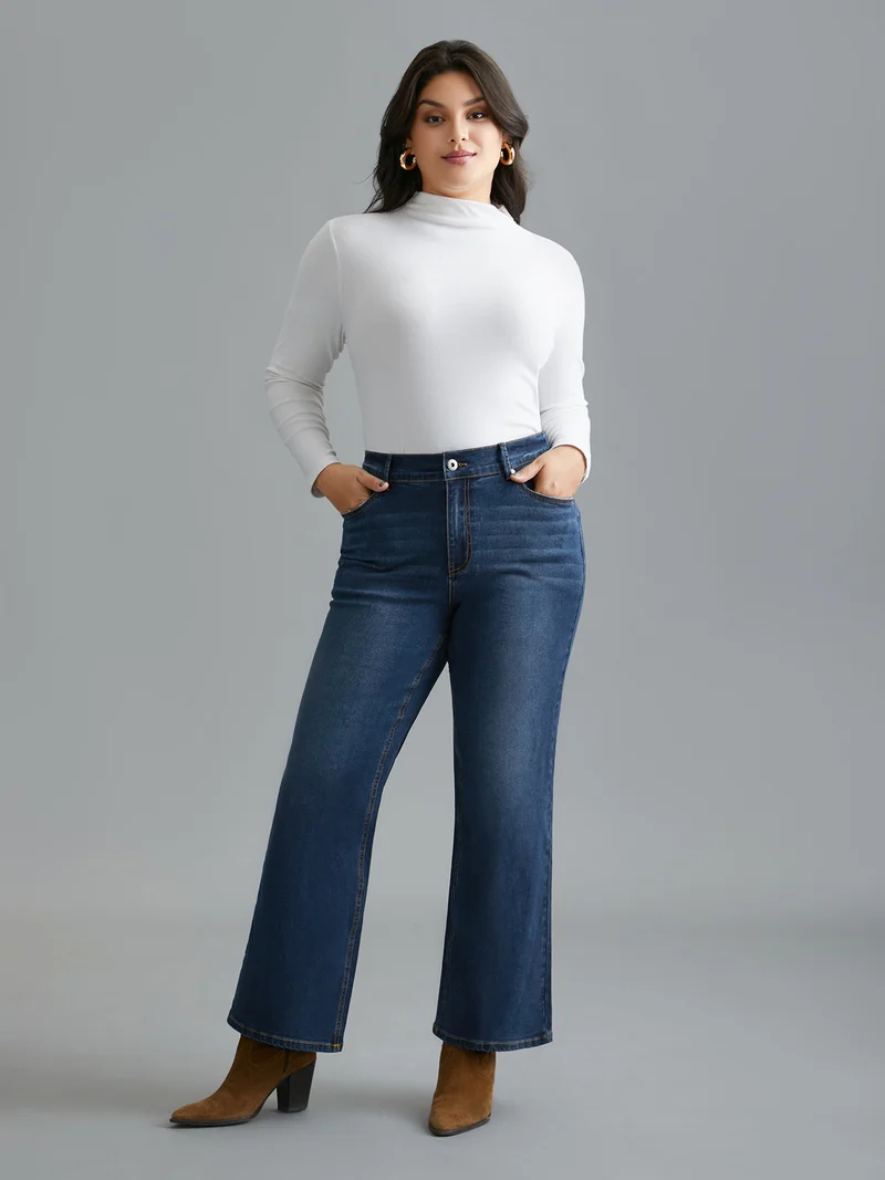 Dark Wash Elastic Waist Flared Mid Rise Jeans