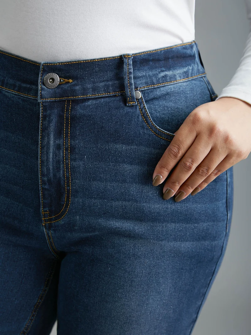 Dark Wash Elastic Waist Flared Mid Rise Jeans