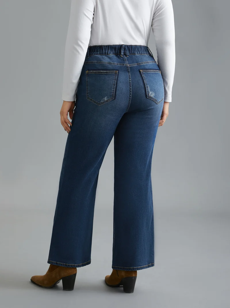 Dark Wash Elastic Waist Flared Mid Rise Jeans