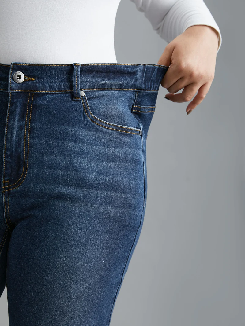 Dark Wash Elastic Waist Flared Mid Rise Jeans