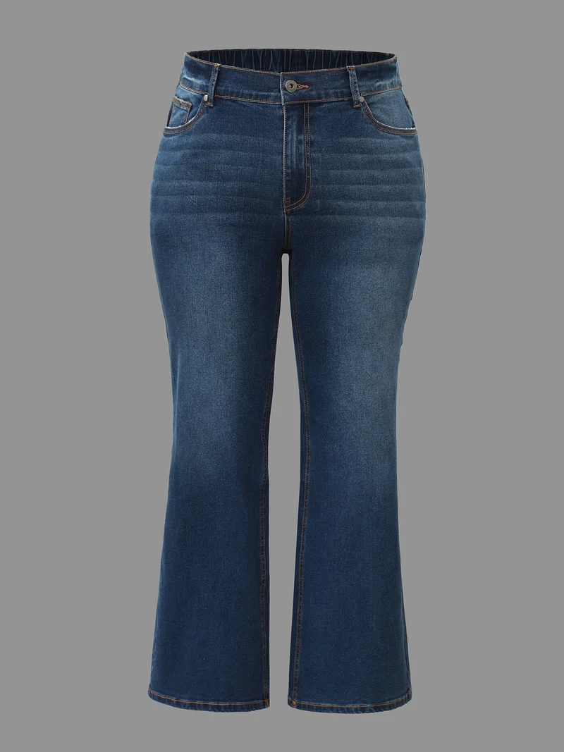 Dark Wash Elastic Waist Flared Mid Rise Jeans