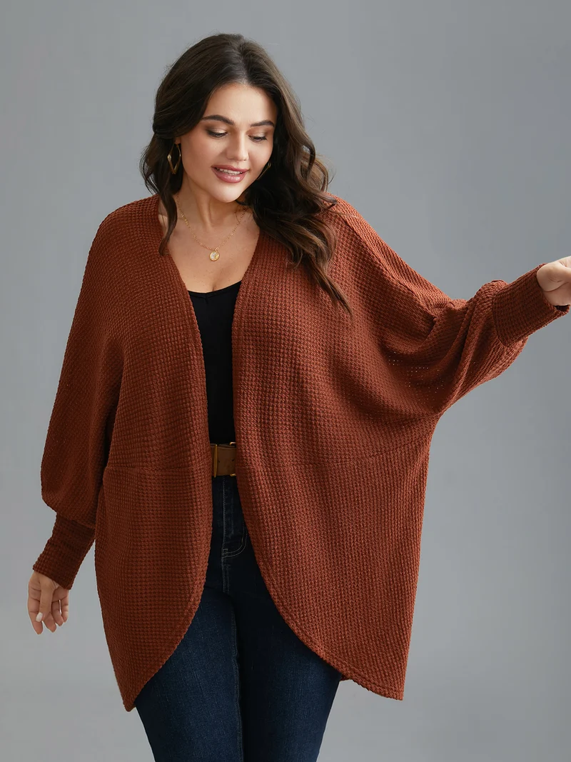 Textured Curved Hem Lantern Sleeve Cardigan