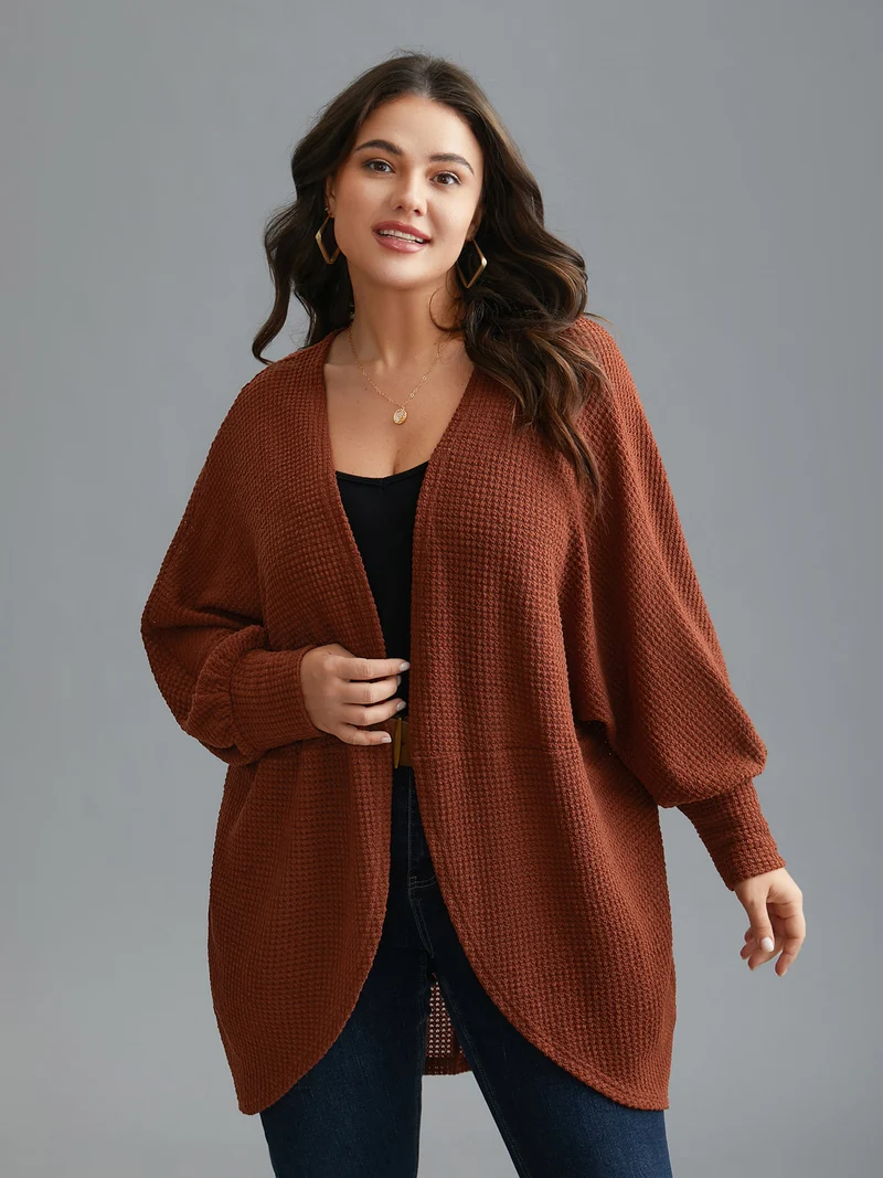 Textured Curved Hem Lantern Sleeve Cardigan