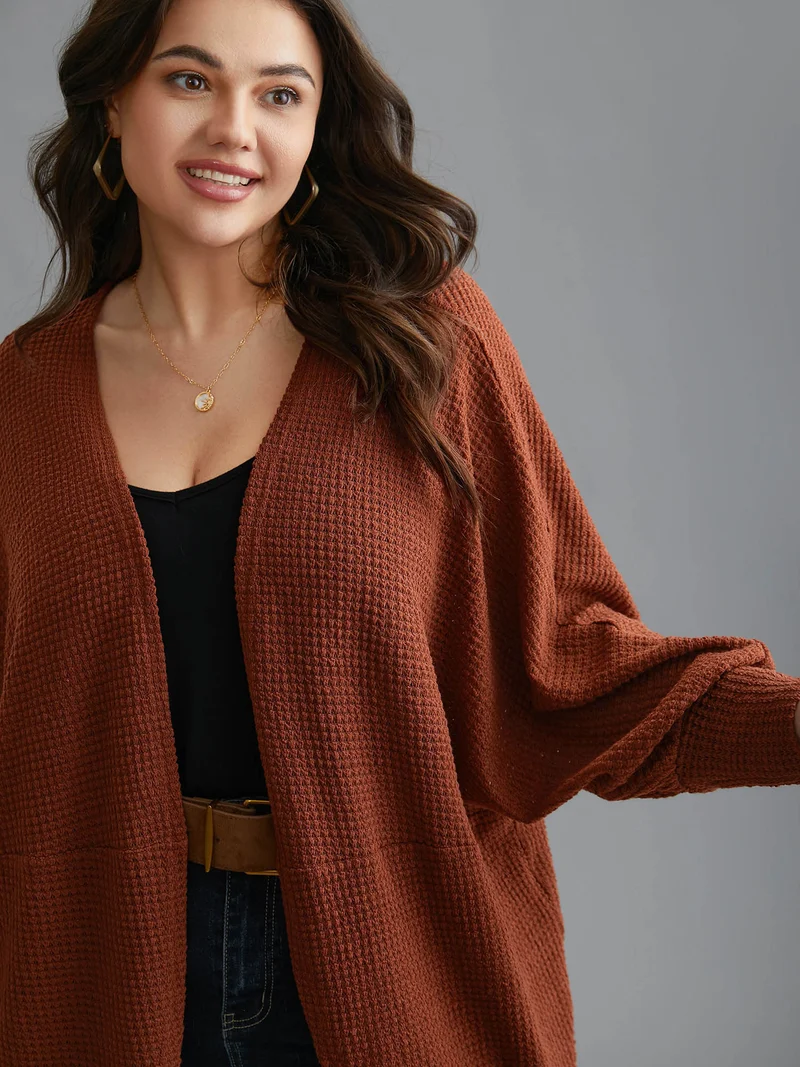 Textured Curved Hem Lantern Sleeve Cardigan