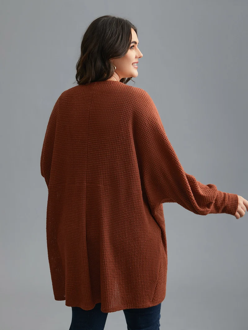Textured Curved Hem Lantern Sleeve Cardigan