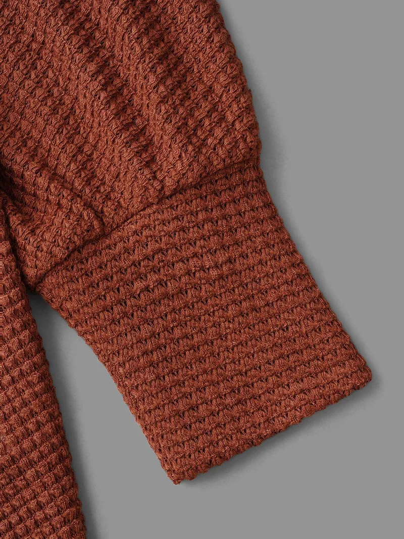Textured Curved Hem Lantern Sleeve Cardigan