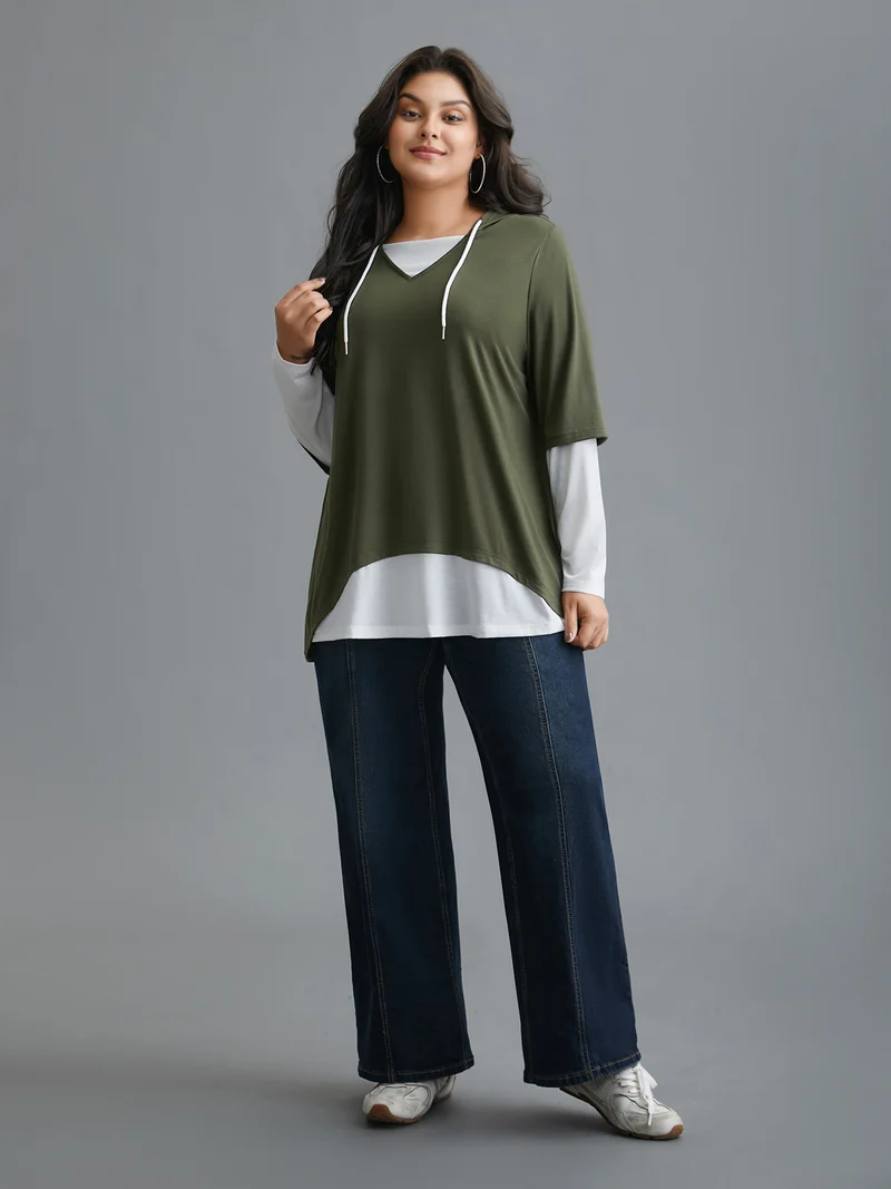 Color Contrast Combined Hoodie Shirt