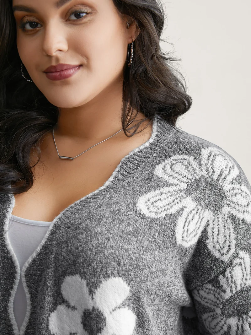 Floral Pattern Open-Front Knitted Cardigan