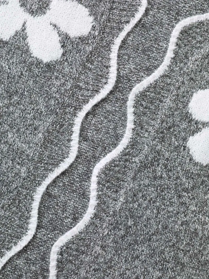 Floral Pattern Open-Front Knitted Cardigan