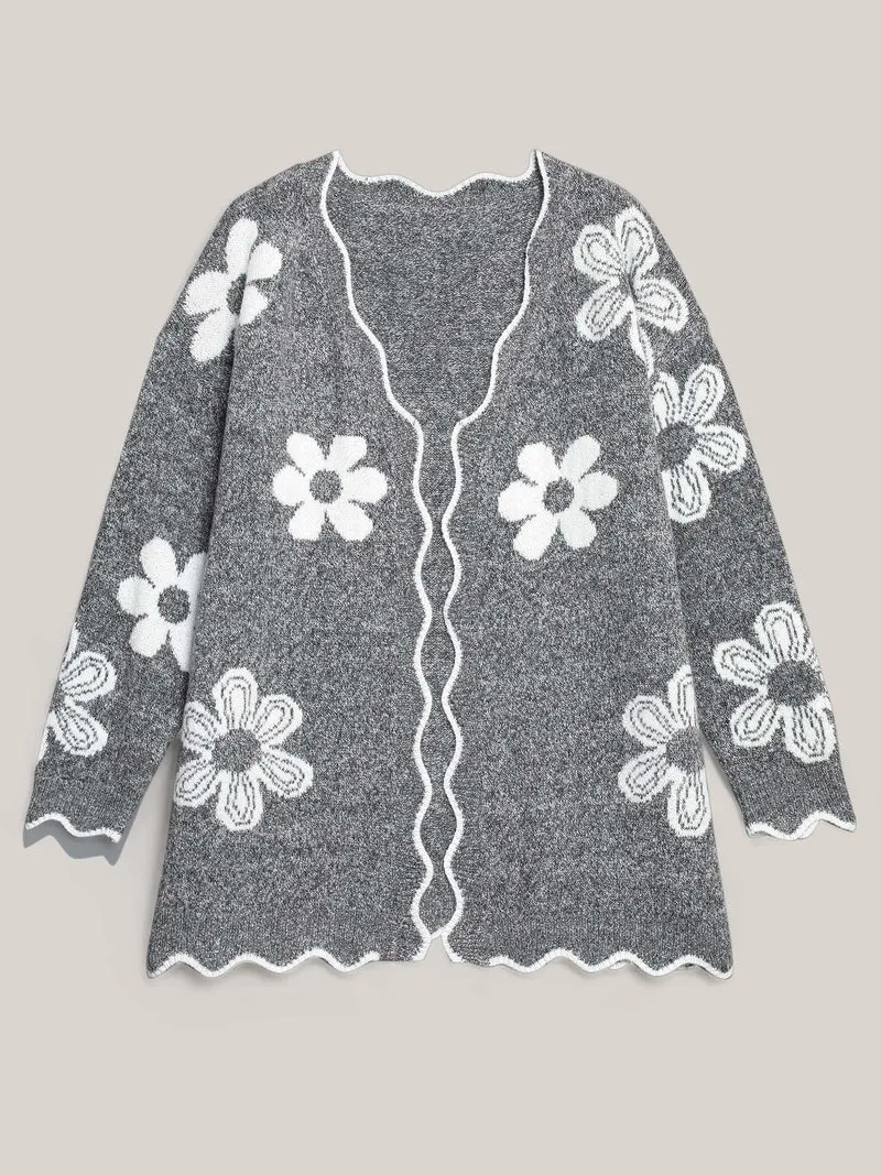 Floral Pattern Open-Front Knitted Cardigan