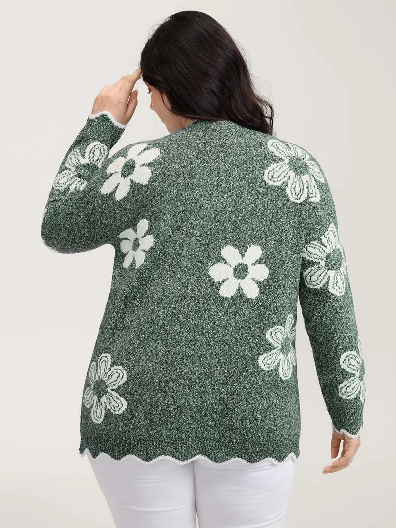 Floral Pattern Open-Front Knitted Cardigan