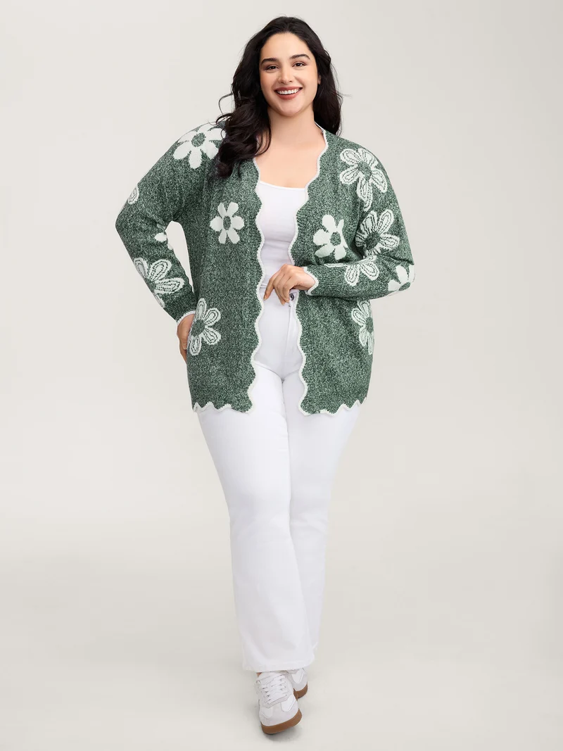 Floral Pattern Open-Front Knitted Cardigan