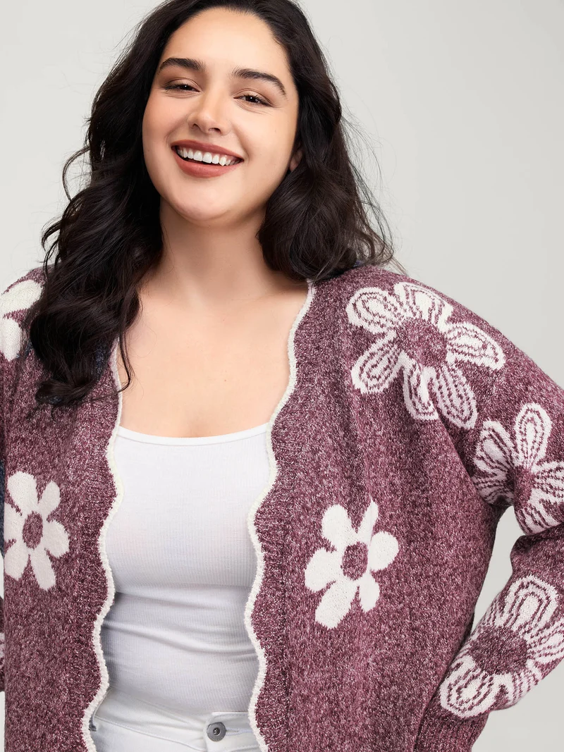 Floral Pattern Open-Front Knitted Cardigan