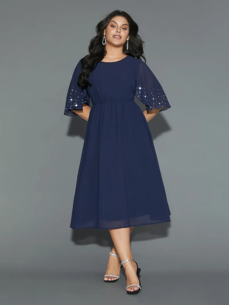 Rhinestone Elastic Waist Ruffle Sleeve Dress