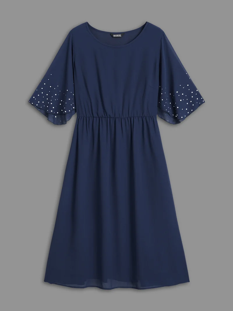 Rhinestone Elastic Waist Ruffle Sleeve Dress