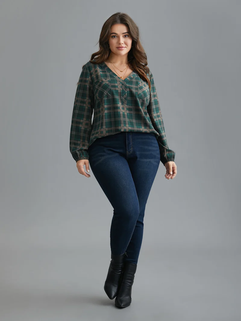 Plaid Pattern Chest Pocket Blouse