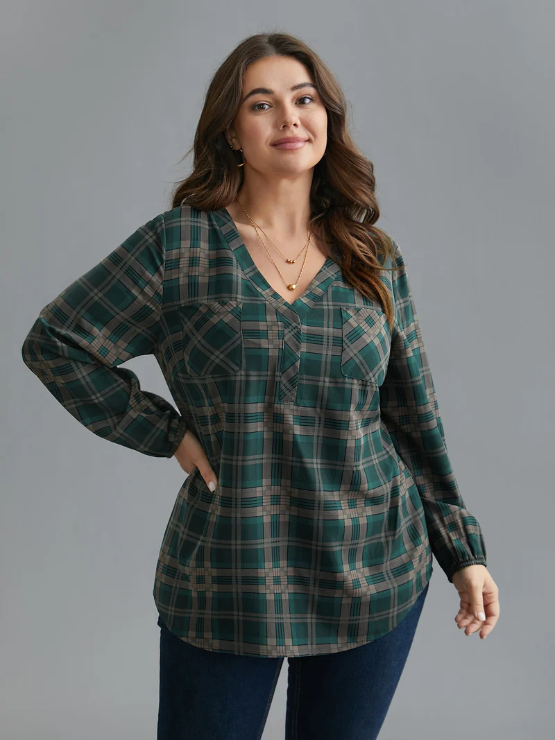 Plaid Pattern Chest Pocket Blouse