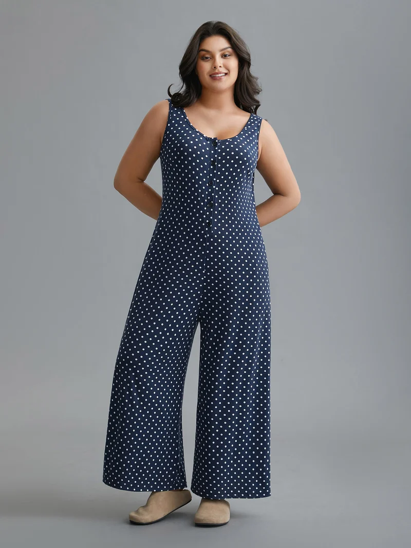 U Neck Polka Dot Button Up Sleep Jumpsuit