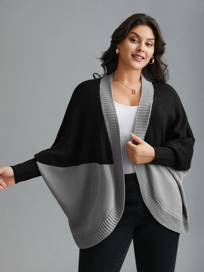 Curvy Ribbed Hem Color Block Knit Cardigan