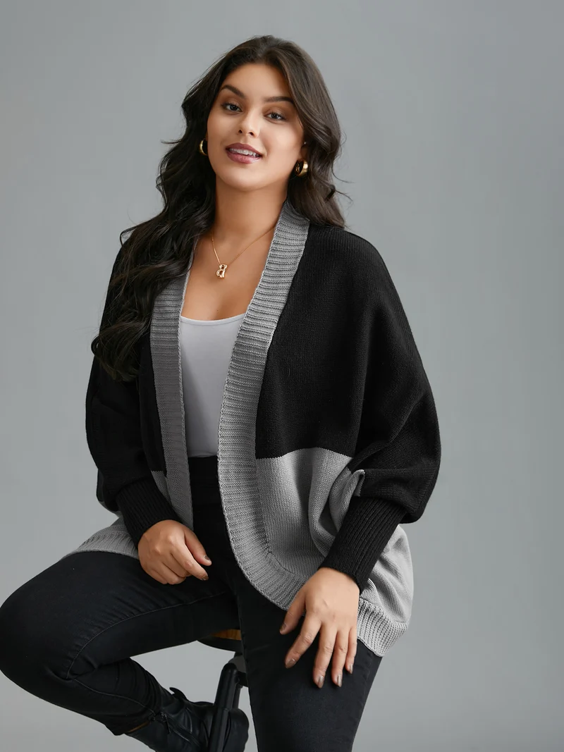 Curvy Ribbed Hem Color Block Knit Cardigan