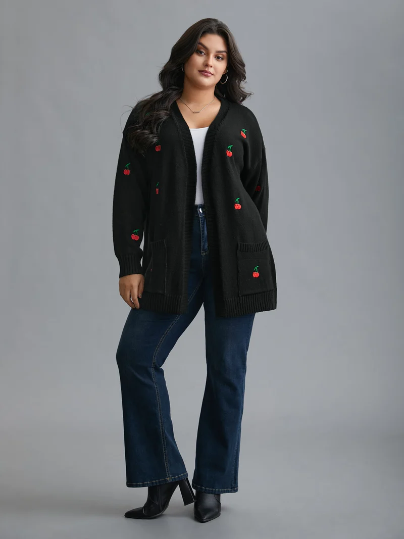 Textured Cherry Embroidery Pocket Pullover