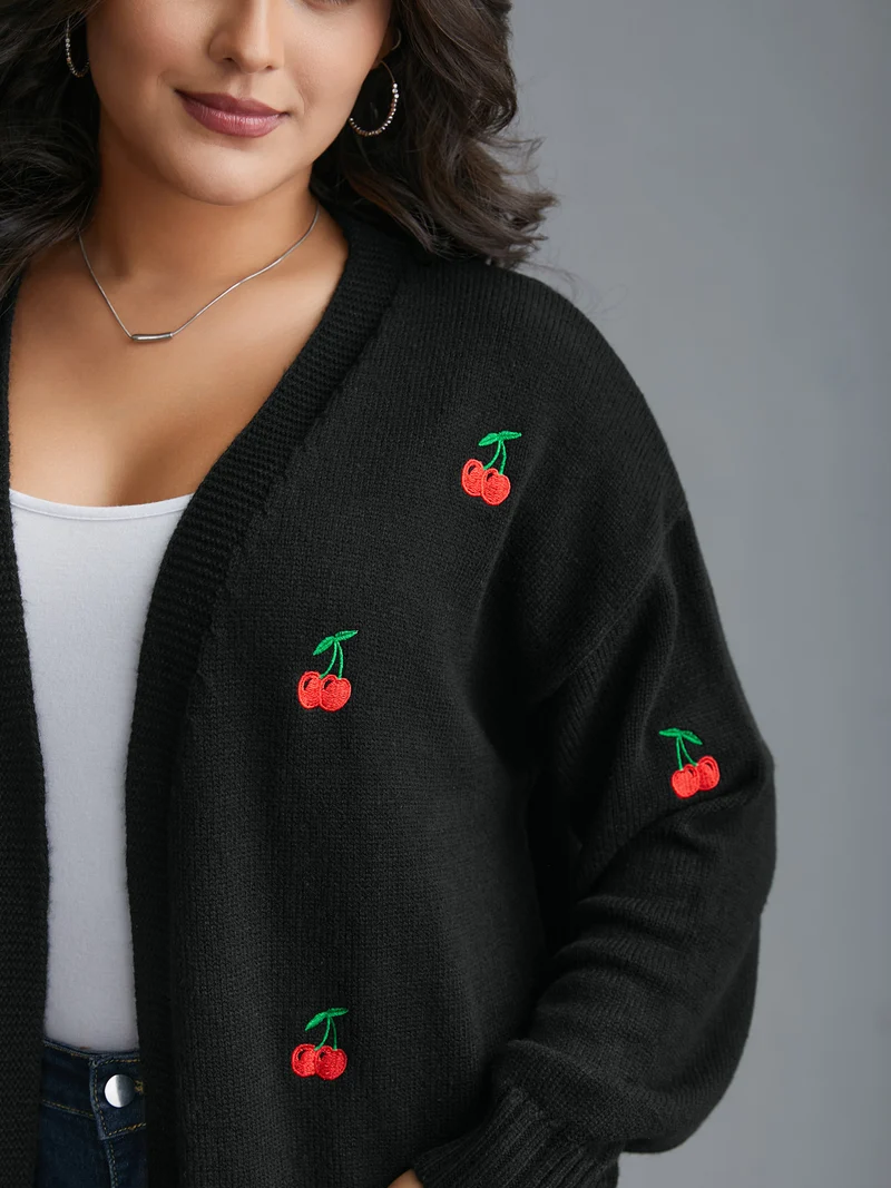 Textured Cherry Embroidery Pocket Pullover