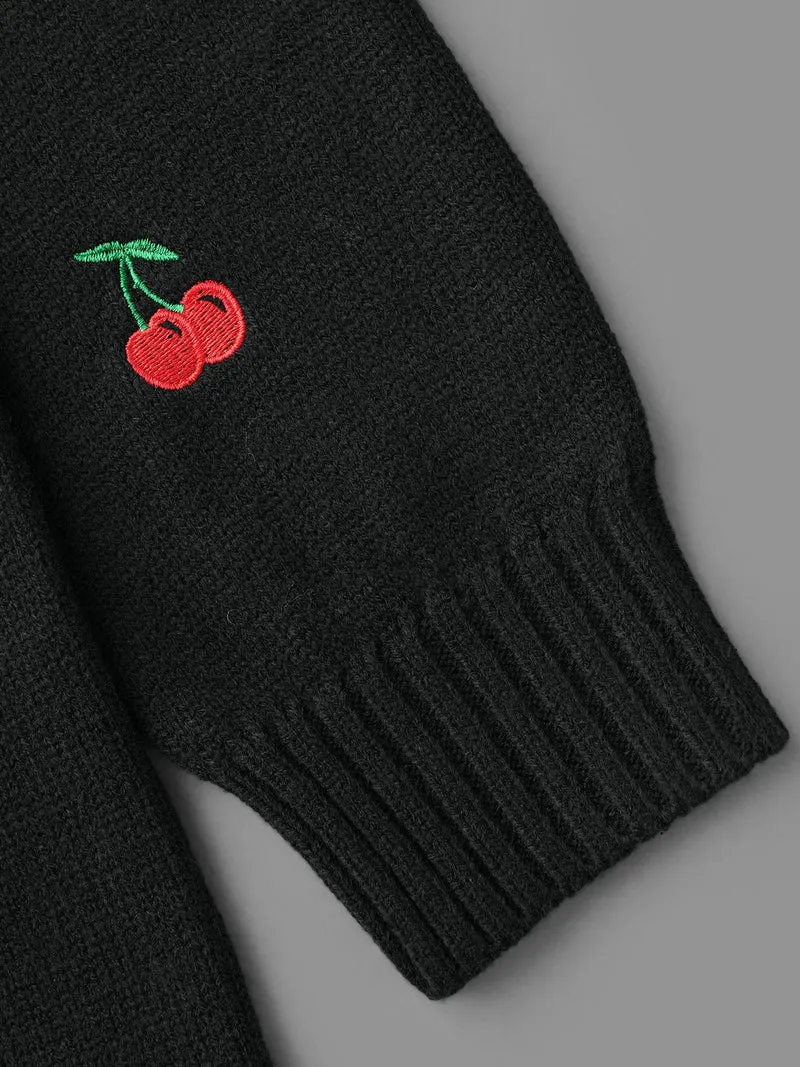 Textured Cherry Embroidery Pocket Pullover