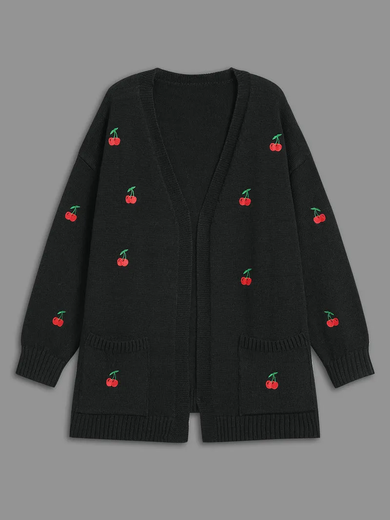 Textured Cherry Embroidery Pocket Pullover