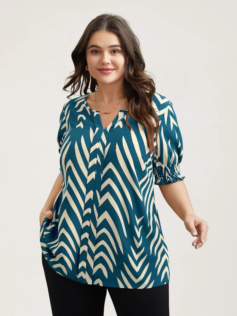 Geometric Print Ruffled Shirred Shirt