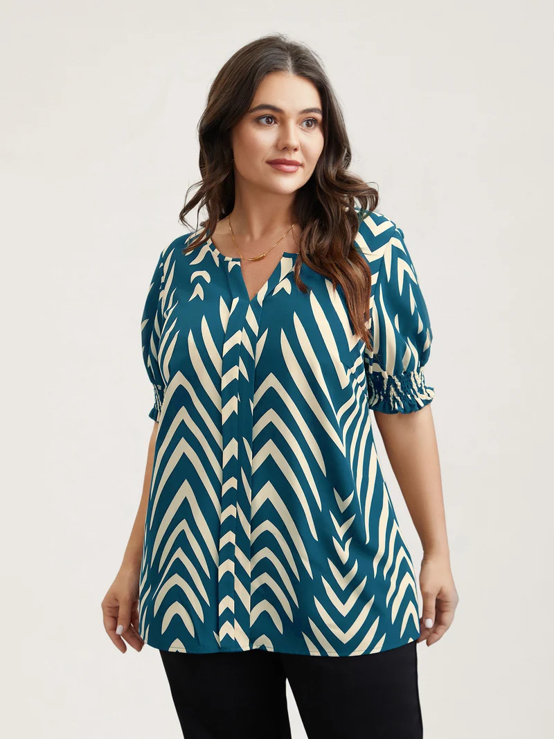 Geometric Print Ruffled Shirred Shirt