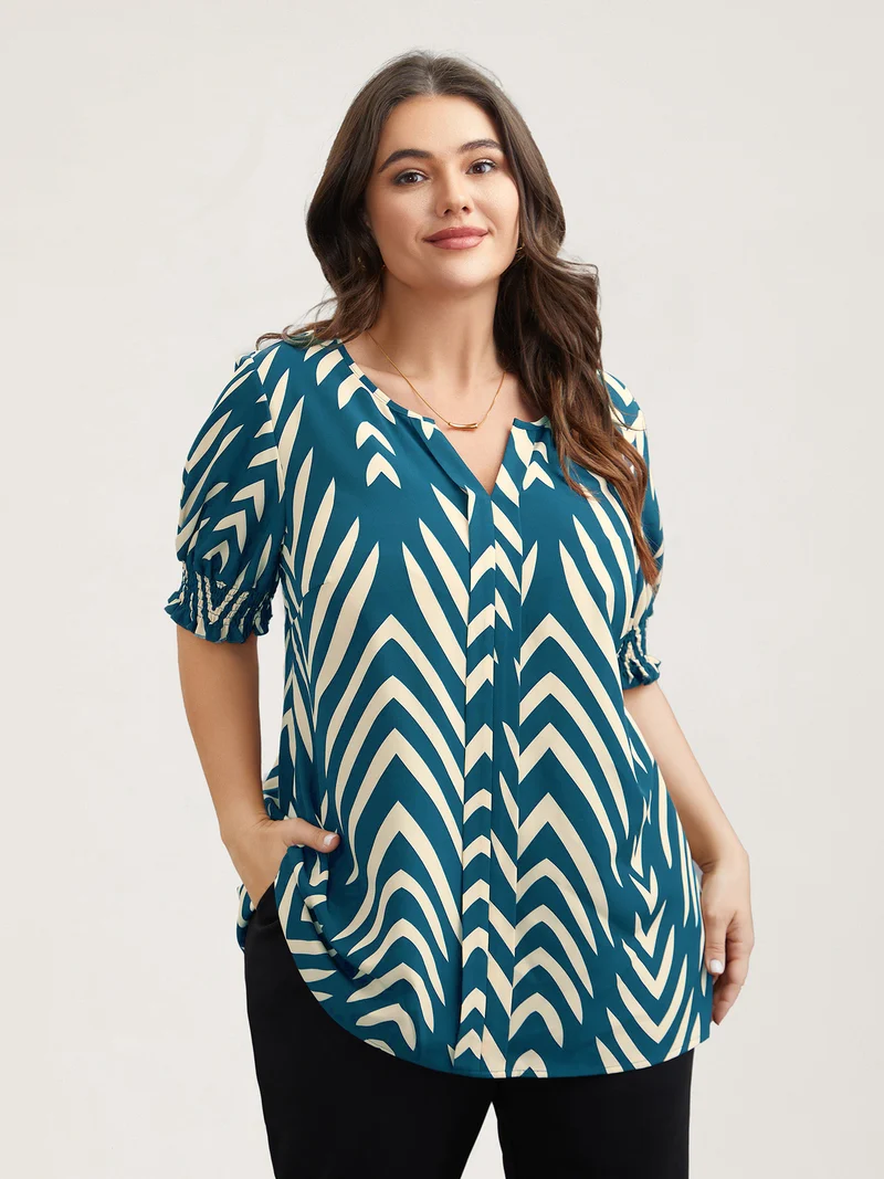 Geometric Print Ruffled Shirred Shirt