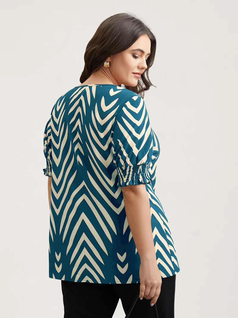 Geometric Print Ruffled Shirred Shirt