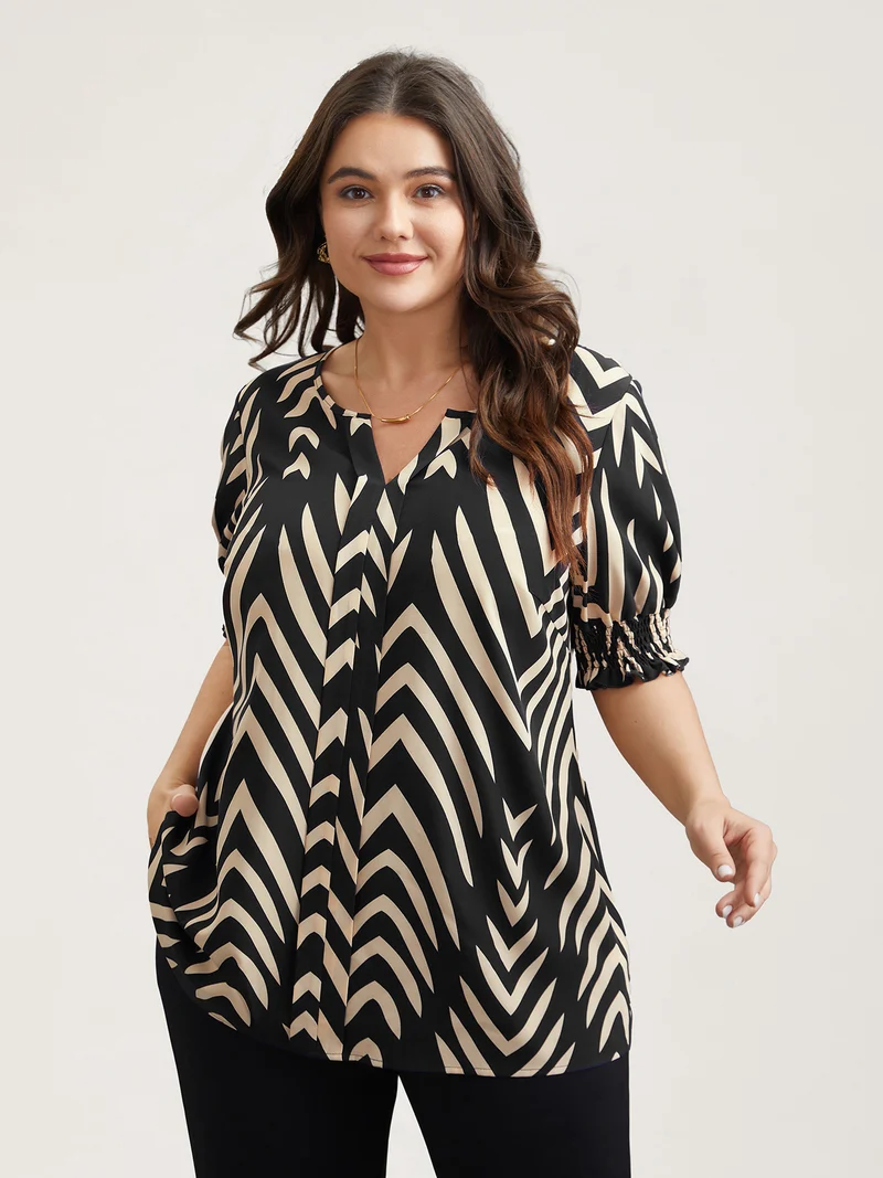 Geometric Print Ruffled Shirred Shirt