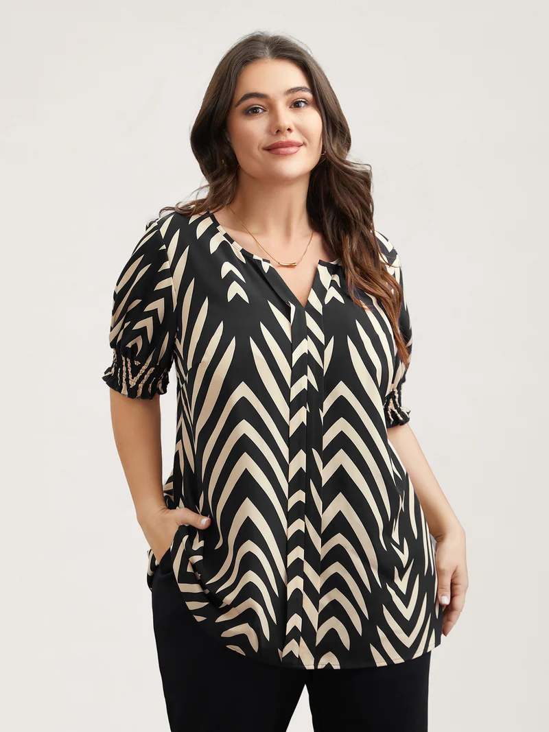 Geometric Print Ruffled Shirred Shirt