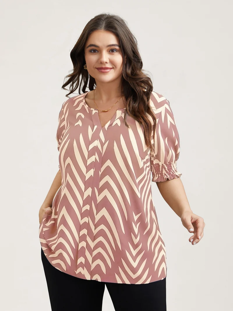 Geometric Print Ruffled Shirred Shirt
